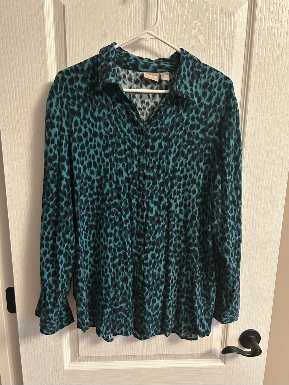 Chico's Teal and Black Leopard Print Button-Down Shirt
